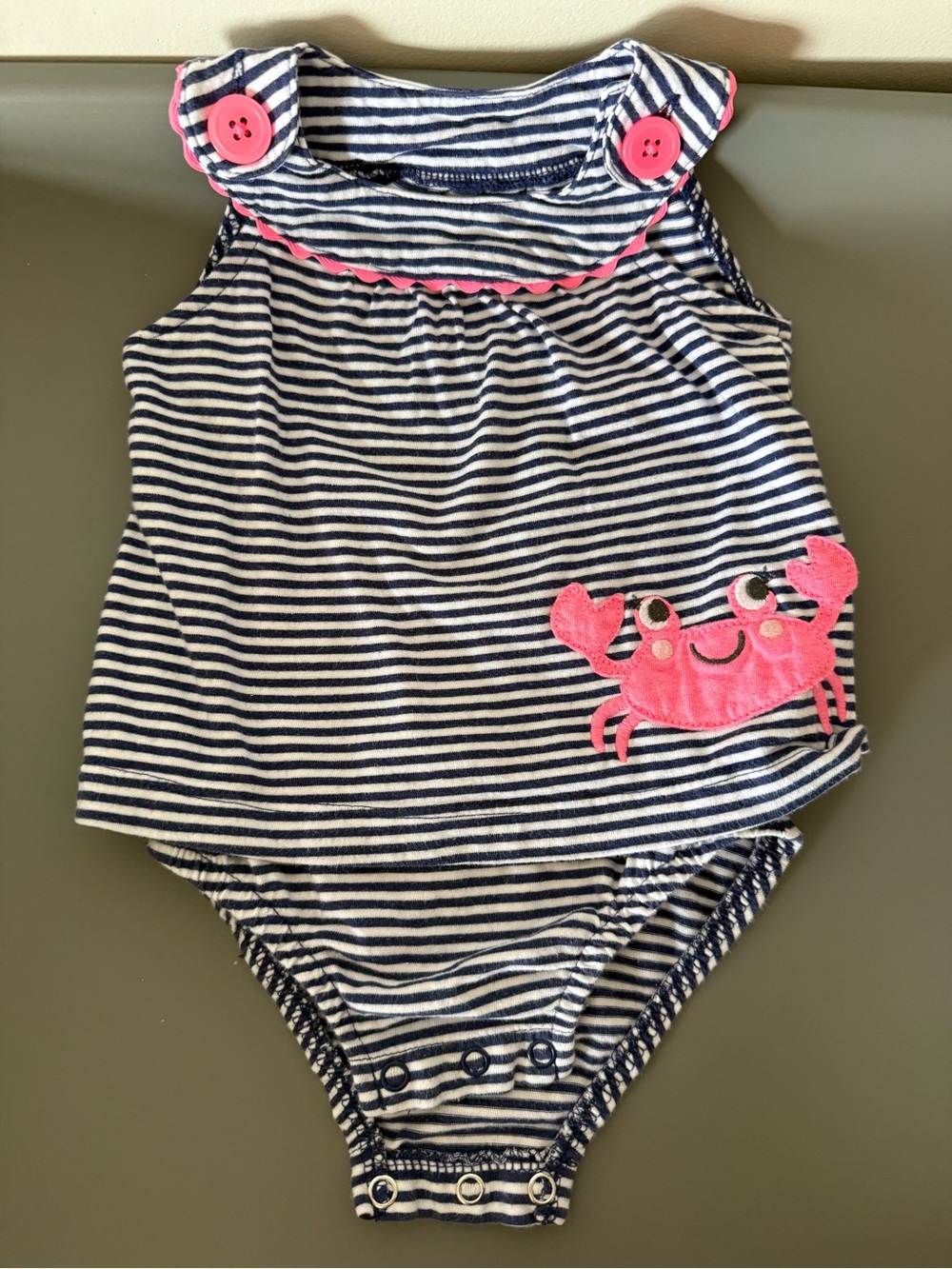 Navy Stripe Pink Crab Cotton One-Piece Romper for Kids / Baby